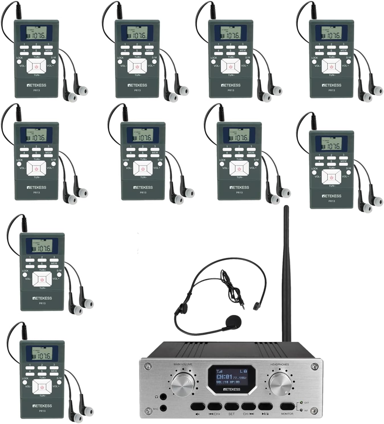 Retekess TT119 Wireless Church Translation System, Audio Transmission System, 300m/980ft, Support Stereo Input, One-Touch Mute, Tour Guide System for Community, Court (1 Transmitter 10 Receivers)