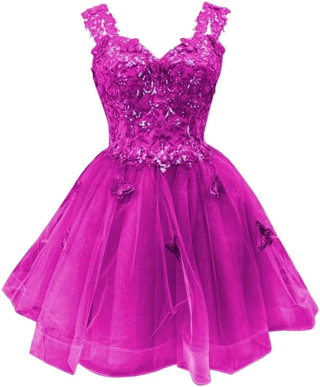 Lace Tulle Homecoming Dresses for Teens V-Neck Sequin Short Prom Gown with 3D Butterfly Cocktail DAMA Dress
