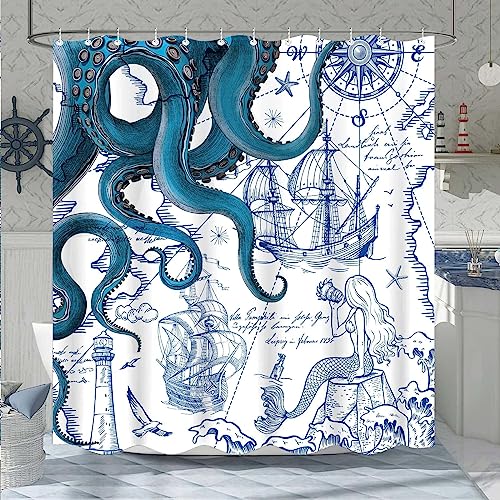 Fungarth Blue Nautical Octopus Shower Curtain 72"x72