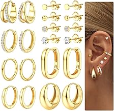 Dochais 10 Pairs Gold/Silver Earrings 316L Surgical Steel Huggie Earrings 14K Gold Gold Hypoallergenic CZ Earring Stud Earrings for Women Multi Piercing