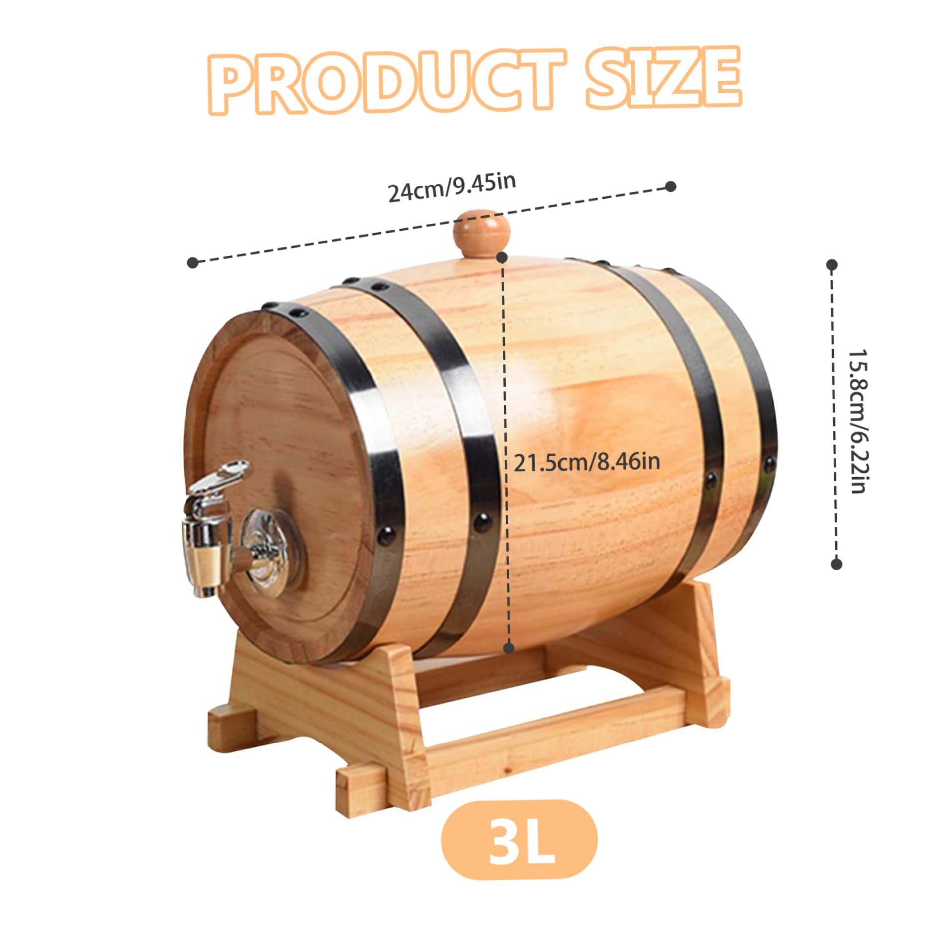 Tonneau à vin 3 L Tonneau à whisky avec support de robinet Fûts en chêne pour le vieillissement du whisky Distributeur en bois Décoration de bar café pour spiritueux, liqueurs, présentation et st