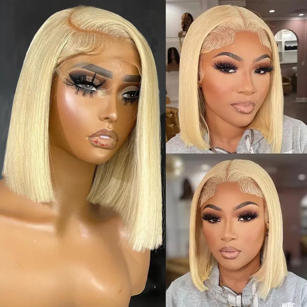 Amazon.com : Bangxunk Blonde Bob Wig Human Hair 613 Lace  display picture 2