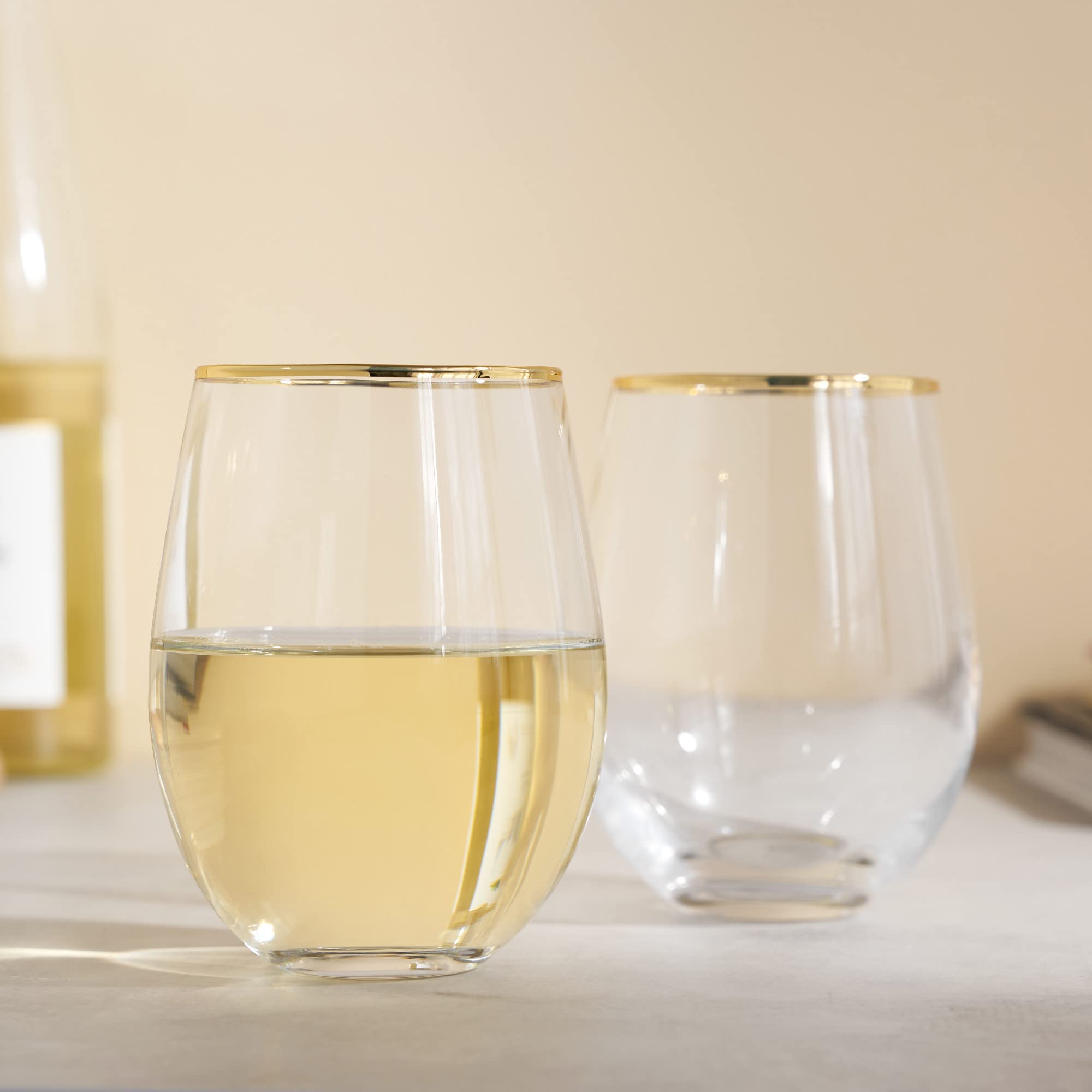 Twine Juego de copas de vino doradas sin tallo con borde dorado, vasos modernos para vinos tinto y blanco, regalos de boda, celebración de vacaciones, cristalería elegante, bar en casa, 18 onzas