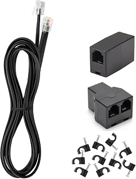 Long Telephone Extension Cord 15 FT, Black, Phone Cable Line Wire with Standard RJ11 Plug, 1 Phone Line Splitter, 1 in-line Coupler and 10 Cable Clips for Telephone Calling Communication