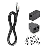 Long Telephone Extension Cord 15 FT, Black, Phone Cable Line Wire with Standard RJ11 Plug, 1 Phone Line Splitter, 1 in-line Coupler and 10 Cable Clips for Telephone Calling Communication