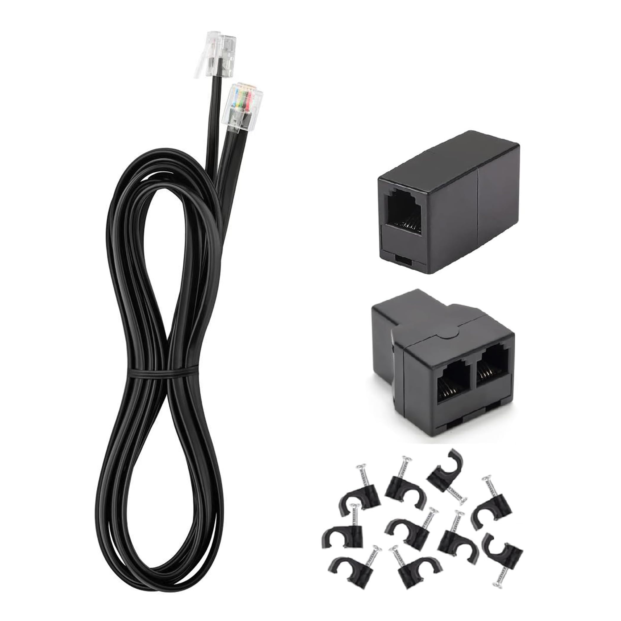 Langes Telefon-Verlängerungskabel, 4,5 m, schwarz, Telefonkabel mit Standard-RJ11-Stecker, 1 Telefonleitungs-Splitter, 2,5 cm-Koppler und 10 Kabelclips für Telefonanrufe, Kommunikation