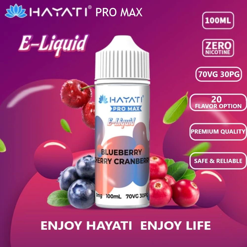 Hayati Pro Max E-Liquid, Zero Nicotine, Delicate, 20 Full Flavour Vape Juice,  100ML Vape Liquid Shortfill Bottle, 70VG 30PG (Blubry Chery Cranbry):  Amazon.co.uk: Electronics & Photo