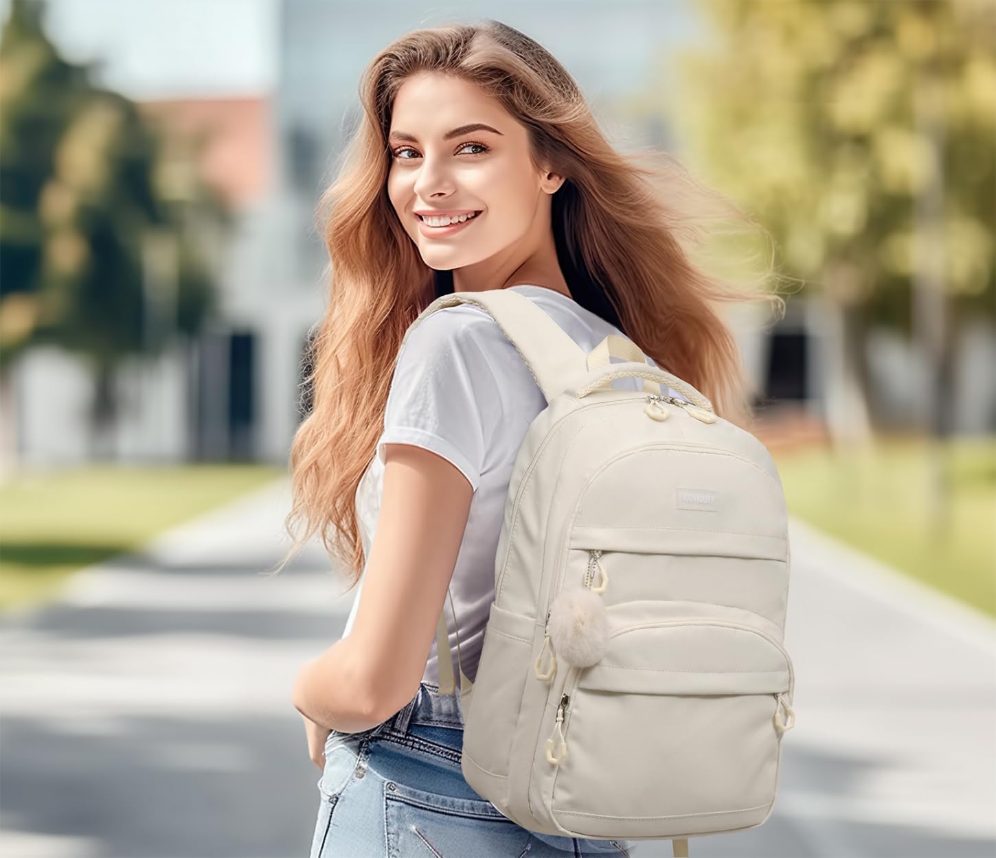 Girls Backpack School Bag, Solid Backpack for Middle High School 15.6in Laptop Backpack with USB Charging Hole for Women, Aesthetic College Bookbag for Teens, Beige - Image 2