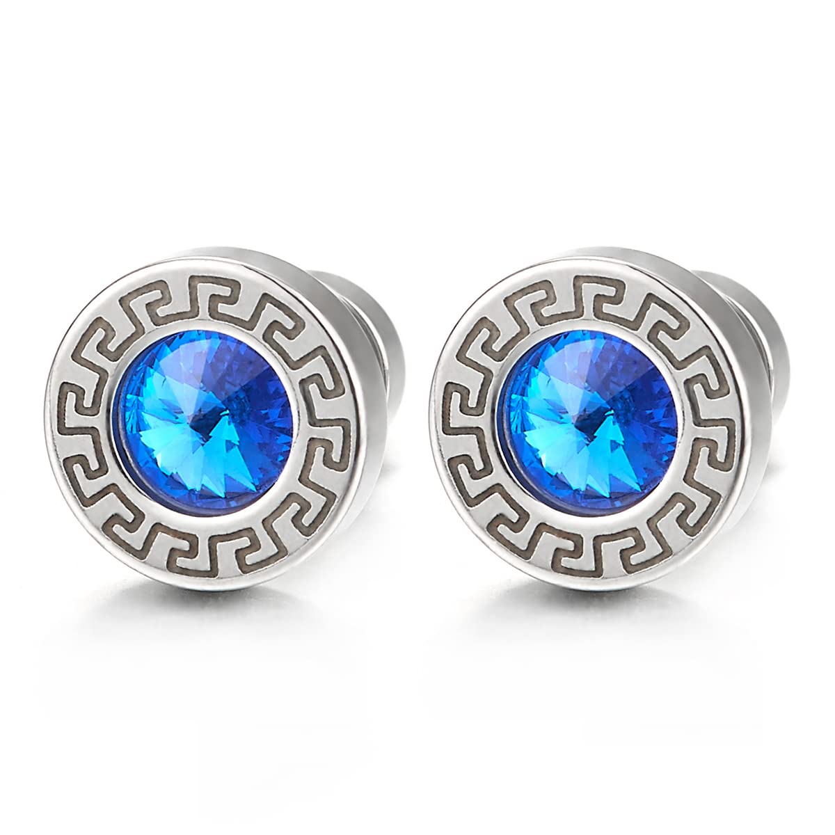 COOLSTEELANDBEYOND Modelo Dominante Griego Pendientes de Hombre, Aretes, Acero Inoxidable, con Circonita, Cierre Tornillo, 2 Piezas