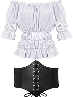 Renaissance Blouse Pirate Shirt Off Shoulder Short Sleeve Blouse Tops Womens Corset Waist Belt for Medieval Victorian Costume