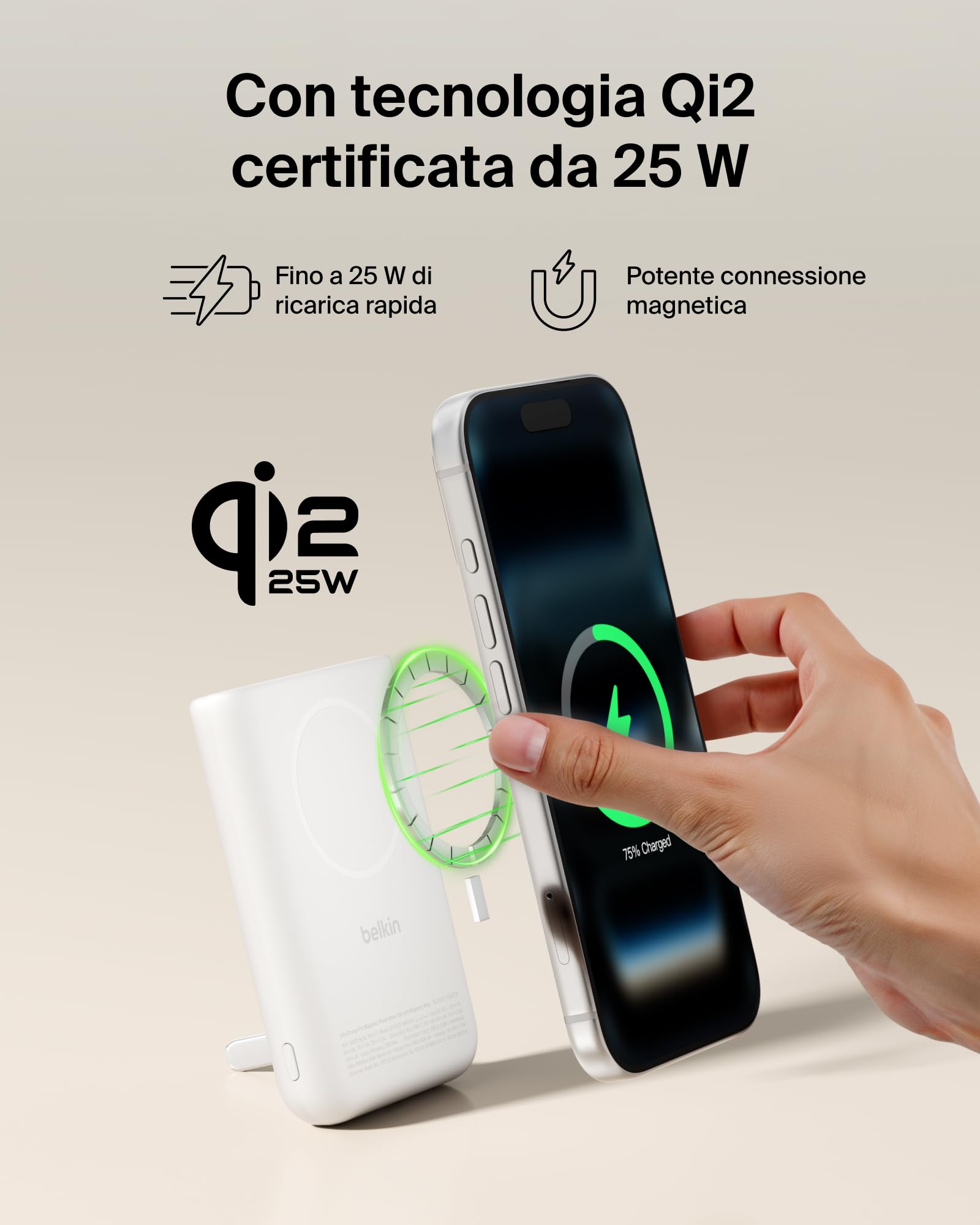 Belkin BoostCharge Power Bank Magnetico 5000mAh con Supporto - Bianco | Caricatore Portatile 5000mAh Wireless, Anello Magnetico, Porta USB-C, Pre-Caricato, Cavo Incluso, Sicuro per l'Aereo