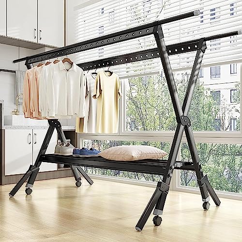 物干し 折りたたみ 物干しスタンド 、伸縮式 折りたたみ式 物干しスタンド キャスター付、洗濯物干し 室内 屋外 物干しスタンド 物干しラック 布団干し 折りたたみ 多機能 、物干しラック 布団ハンガー、360度回転するユニバーサルホイール、風を通さない足