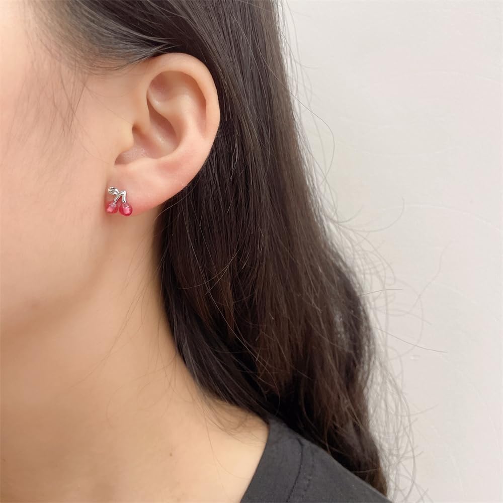 20G Cherry Screw Flat Back Small Stud Earrings for Women Stainless Steel Silver Plated Cute pink Resin Lovely Sweet Food Fruit Cartilage Tragus Piercing Little Studs Hypoallergenic Fashion Jewelry - Image 5