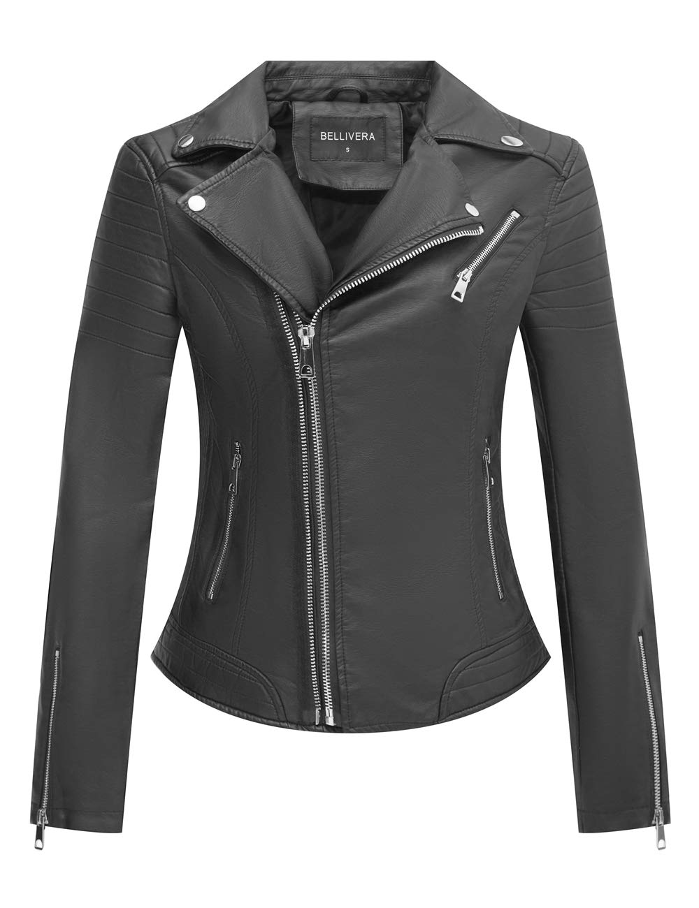 Bellivera Women's Faux Leather Short Jacket，Moto Casual Coat Black Medium
