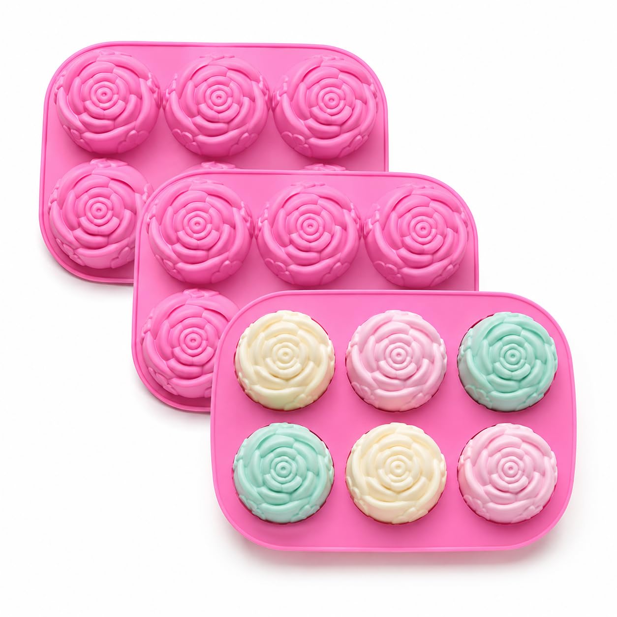 Paquete de 3 moldes grandes de silicona para cubitos de hielo y jabón, diseño de rosas