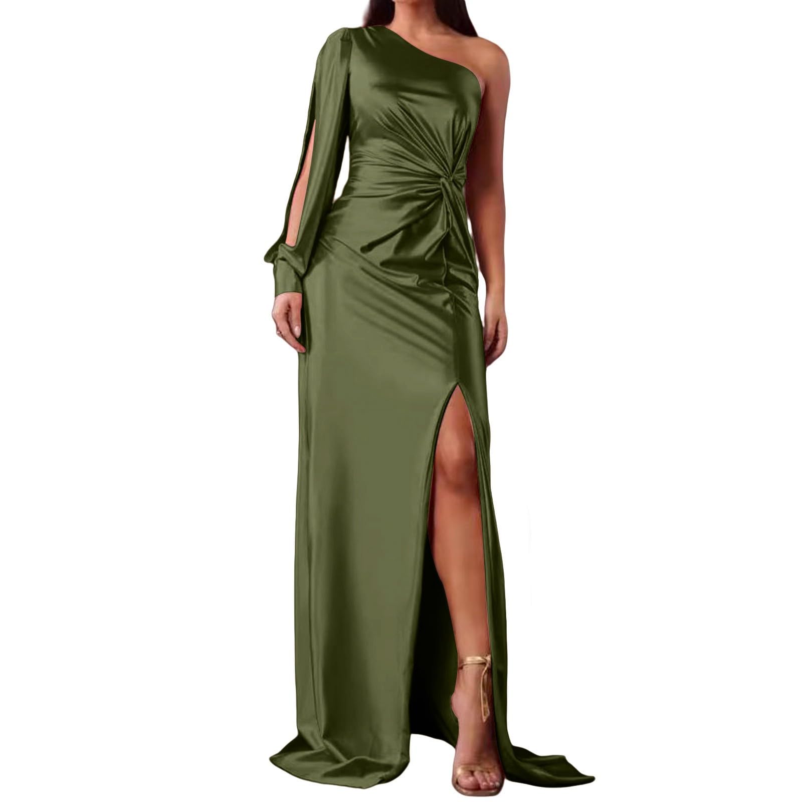 Tunique rouge à une épaule en satin robe de bal à manches longues robes formelles avec fente plissée une ligne soirée robes festives pour femme mariage