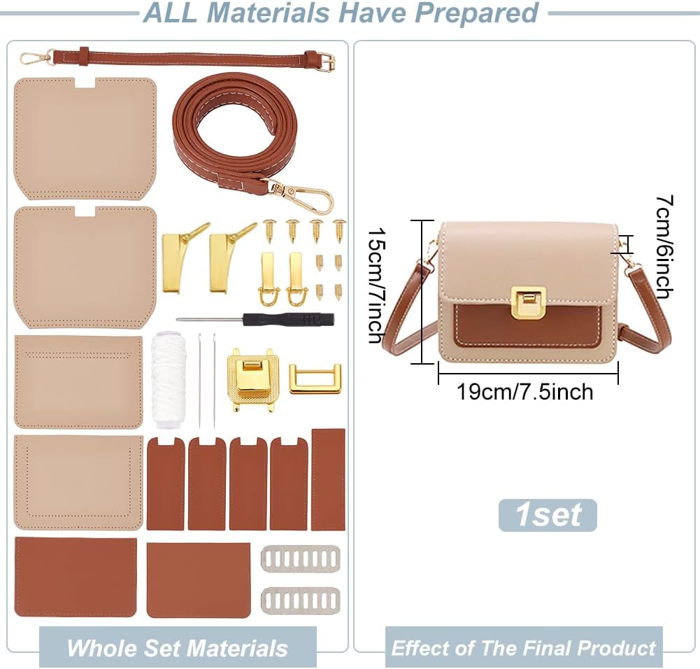 WADORN DIY Crossbody Bag Making Kit, PU Leather Shoulder Bag Making Materials Set DIY Purse Making Sewing Complete Kit Handmade Bag Making All Accessories for Beginner, 7.5x2.8x5.9 Inch, Khaki