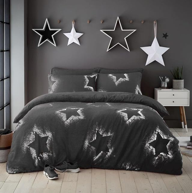 LIZZIE JACOBS New Teddy Fleece Dazzling Star Foil Pattern Duvet Cover Sets Super Soft Warm Cosy Sherpa Fleece Quilt Covers Bedding Sets (Single, Charcoal)