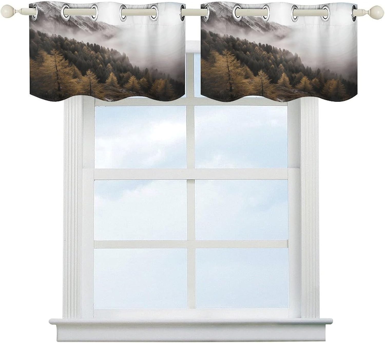 Landscape of Trees And Mountain Surrounded by Fog Curtain 2 Panels, Polyester Fiber, Blackout Insulated Window Curtain, Curtain Valance for Kitchen Dining Room Living Room Cafe Small Window 52 * 18.1