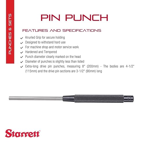 Miniatura 2 de Starrett Perforadora extralarga con agarre moleteado para introducir pasadores dentro o fuera de una pieza de trabajo, acero endurecido y templado,