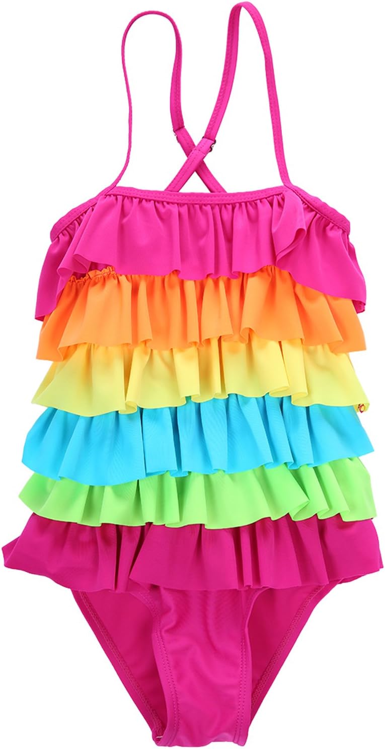 Little Girls Ruffled Rainbow Striped Bathing Suits Bikini Swimwear