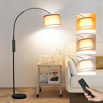 ANTENLICHT AURA Arc Lamp with Remote Control Black Living Room Floor Lamp Dimmable Includes LED E27 Brown Fabric Shade 33 cm Foot Switch Arch Light Vintage Suitable for Bedroom Hotel [Energy Class E]
