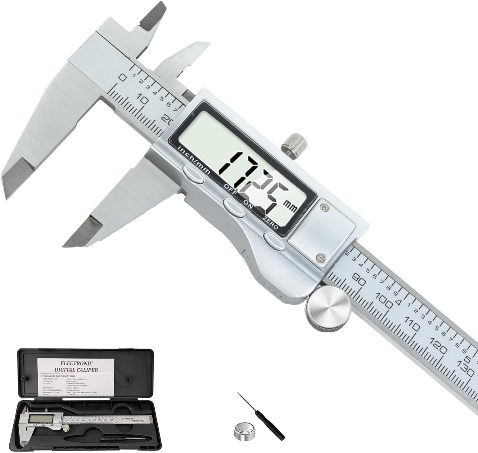 Digital Caliper Measuring Tool, Stainless Steel Vernier Calipers (6Inch/150mm) with Large LCD Screen Switch from Inch Metric Fraction for DIY/Household
