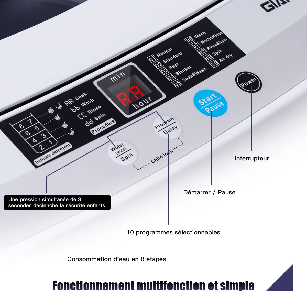 GOPLUS Machine a Laver Portable Automatique 4,5 KG avec Pompe, Charge 310W, Mini Lave Linge avec Essorage, 10 Programmes, Séchage à l’Air, Écran de Commande LED, 50x50x85 CM, Blanc, pour Appartement