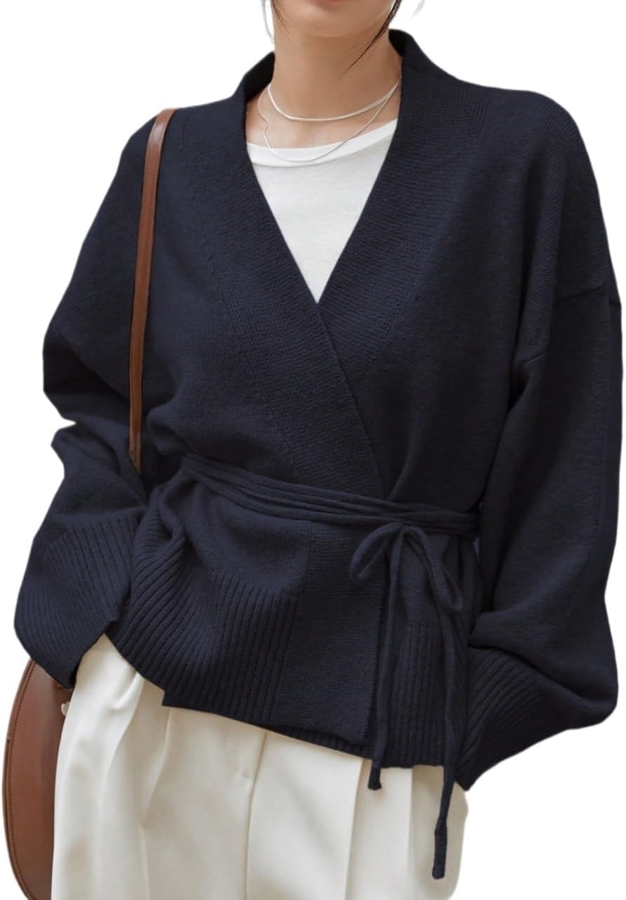 Women's Open Front Cardigan Sweaters Drop Shoulder Belted Cardigan