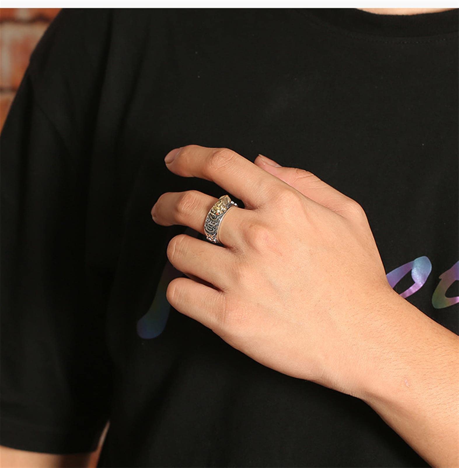 Feng Shui Pixiu Mantra Ring S925 Silver Buddhist Good Luck Amulet Mantra Double Protection Wealth Love Health Ring Gift for Men Women Adjustable,006