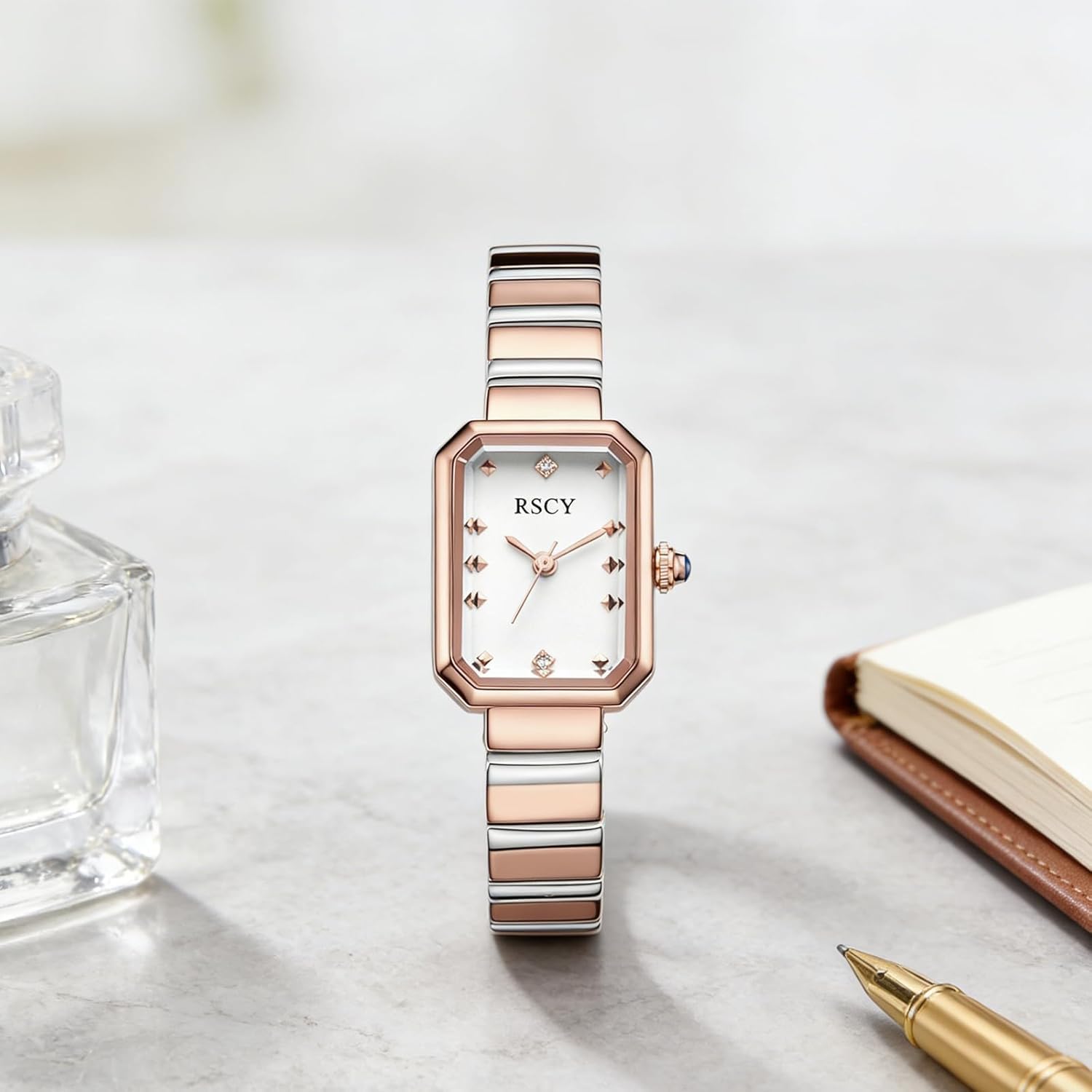 LEO RING Dainty Two-Tone Gold & Silver Analog Quartz Wristwatch with Roman Numerals, Small Rectangular Vintage Style Women's Watch, Includes Adjustment Tool