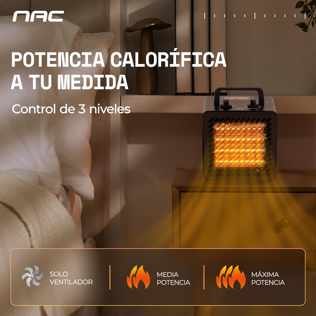 NAC Calefactor Ceramico Electrico 2000W - Calentador Electrico con 3 Niveles de Calefacción - Calefactor Portatil Industrial con Termostato, Cañon de Calor - Heater Electric para Garaje Taller Obra