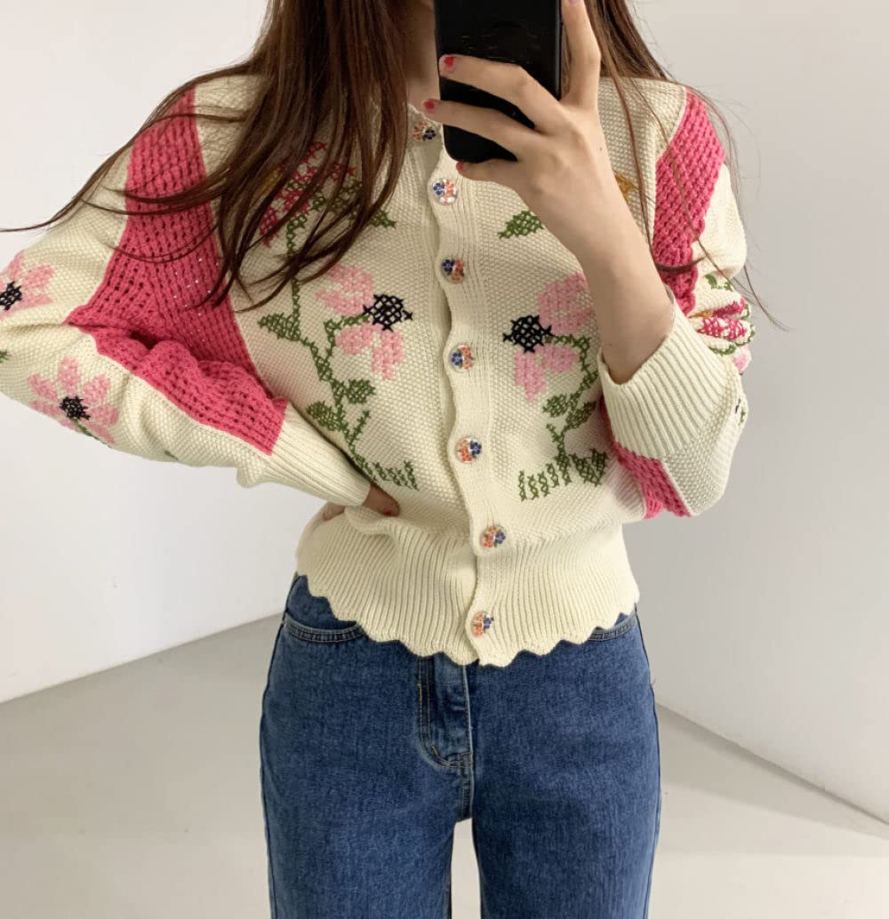 Cárdigan Mujer Cuello Encaje Bordado Floral Cardigan Beige Suave Manga Larga Punto Jersey Cárdigan Frente Abierto Chaqueta Abrigo Cardigan Para Mujeres