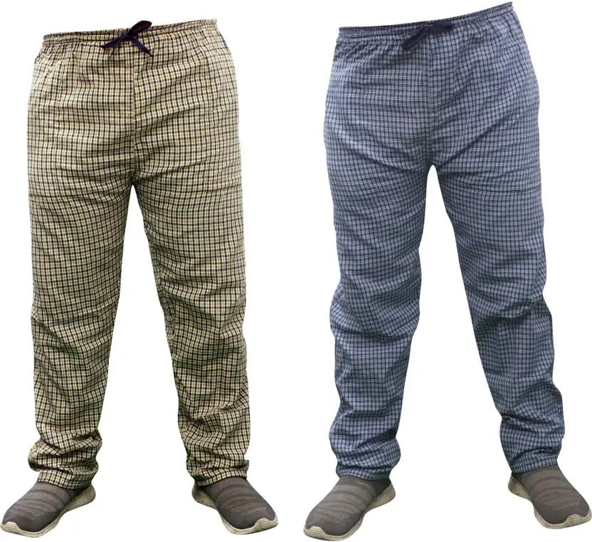 Men's Cotton Pyjama Pants, Checkered Pattern, Drawstring Waist, Casual Loungewear, Grey and Blue-image-45