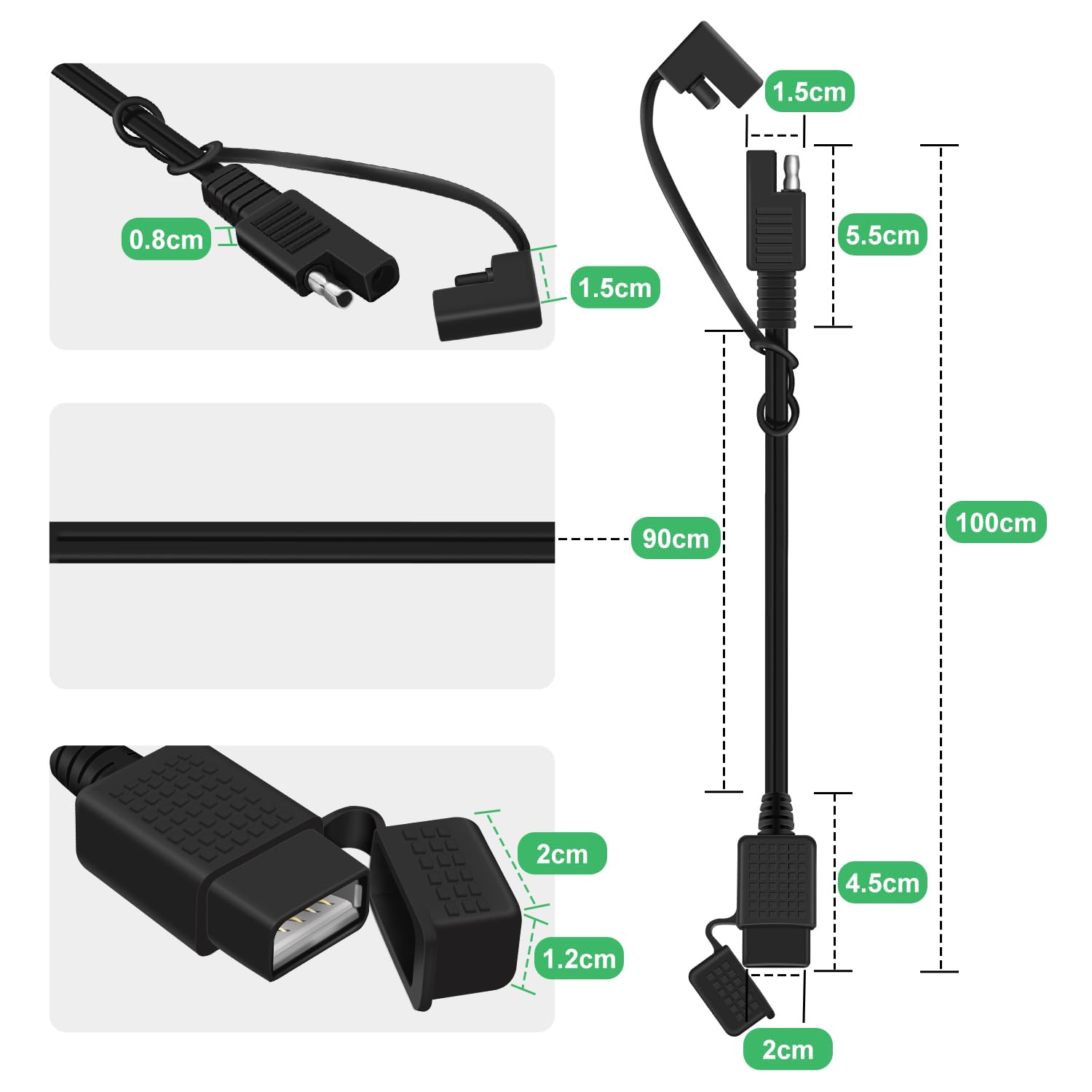 SAE auf USB Kabel 18AWG 5V 2.1 A Adapter SAE 2 pin zu USB mit Wasserdichter Abdeckung für Telefon, Tablet, GPS Ladegerät (Anschluss 1, 1m)