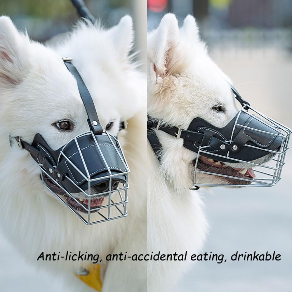 Bozal para Perro Bozales Anti-Morder Transpirable Cesta de Metal para la Cara para Perros Anti Morder y Ladrar,Correa de Cuero Ajustable Adecuada para Perros Grandes pequeños y medianos de 7.5 a 35 kg