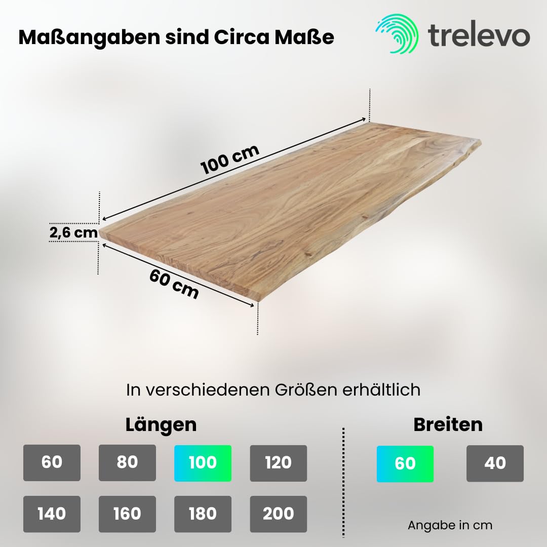 Waschtischplatte 100x60 cm, Akazienholz massiv 26mm, Tischplatte naturfarben, Baumkantenplatte als Waschtisch für Aufsatzwaschbecken