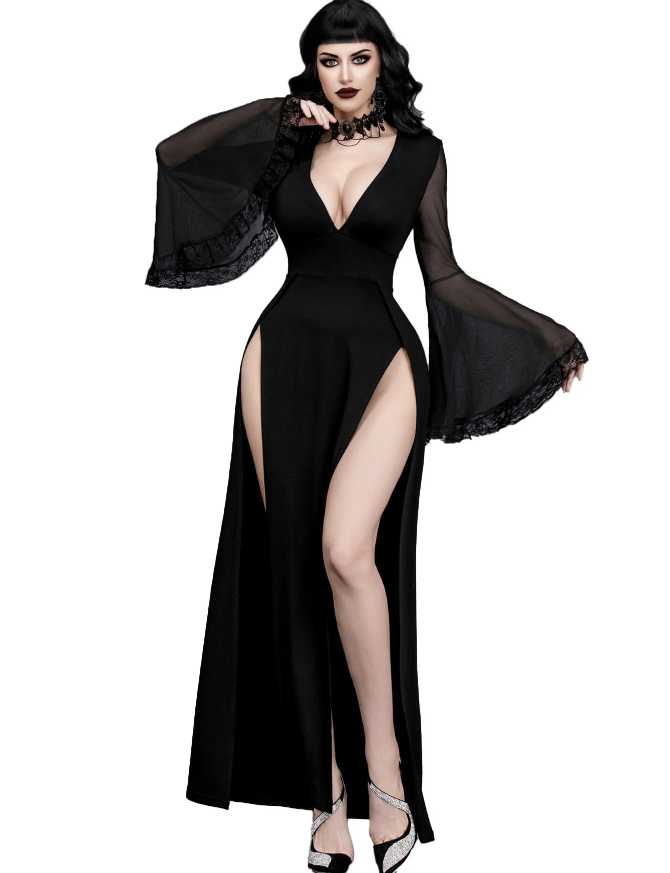 InGoticos Women Gothic V Neck High Slit Witch Sleeve Lace Patchwork Ghost Bridal Goth Dress Without Corset