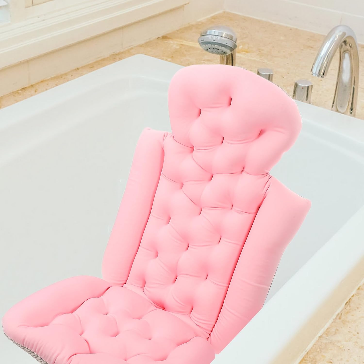 FRCOLOR Adult Bath Cushion and Non-Slip Bathtub Mat with Integrated Small Suction Cups, Light Pink Bath Pillow for Back Support and Soaking Tub Relaxation