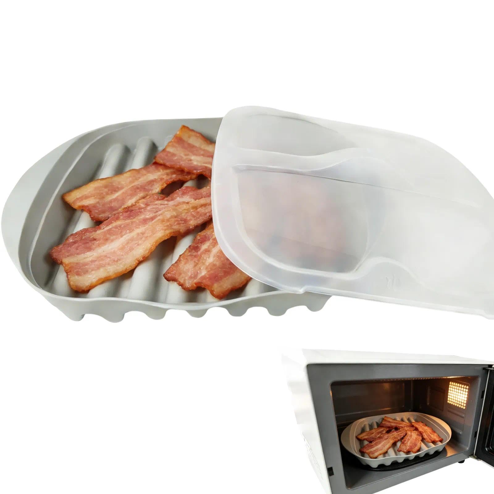Confezione da 2 vassoi per pancetta con coperchio, per cuocere pancetta croccante con griglia di scolo dell'olio, a prova di schizzi e lavabile in lavastoviglie, rende la pancetta sana in pochi minuti