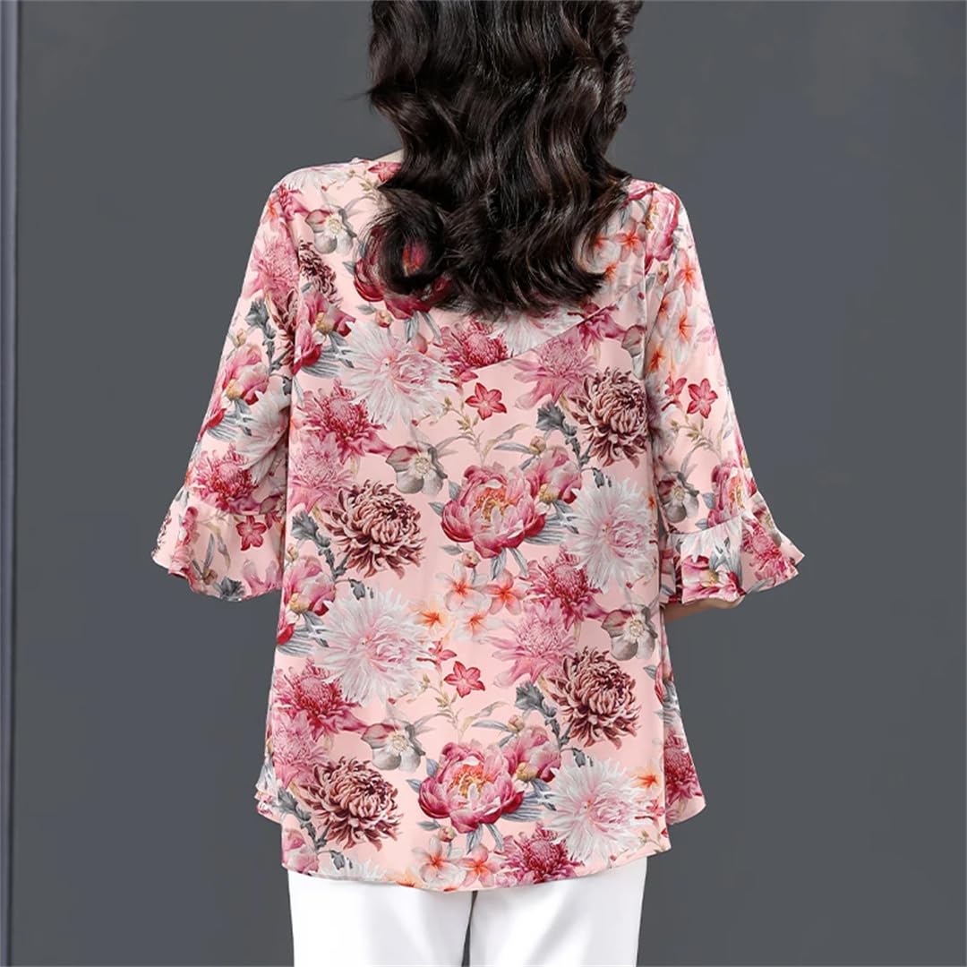 Camicia da donna in seta con stampa floreale in chiffon a maniche svasate estate O-collo sottile manica corta sottile