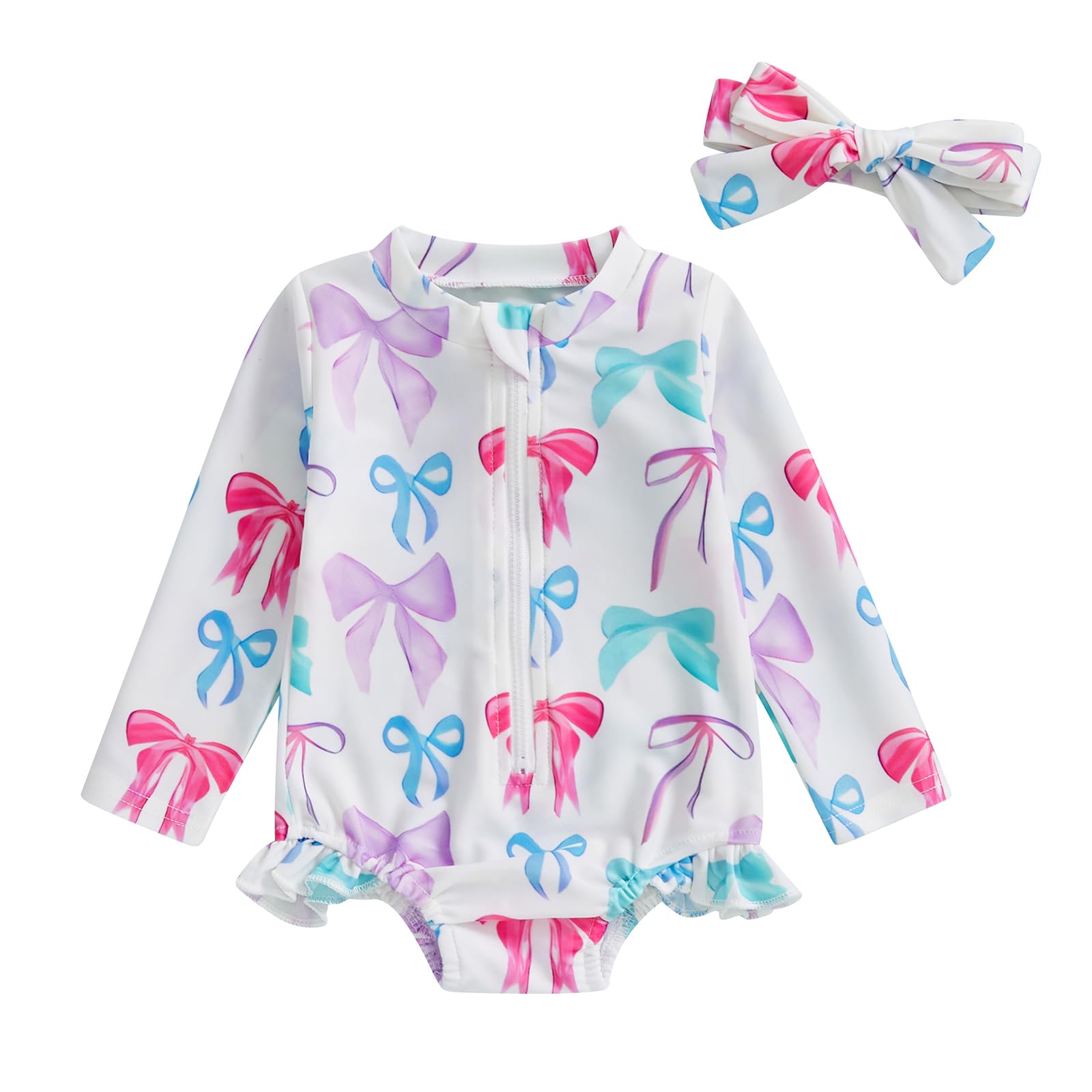 Dcohmch Baby Girl Rash Guard Swimsuit Long Sleeve Bow/Fruit Print Bathing Suit Infant Toddler Swimwear with Headband (White, 18-24 Months)