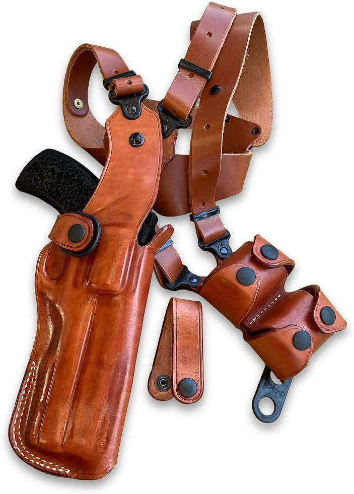 Premium Leather Vertical Shoulder Holster System with Double Speed Loader Pouch for Rhino 50DS 357 Mag/9mm 5" Barrel, Right Hand Draw, Brown Color #1265#