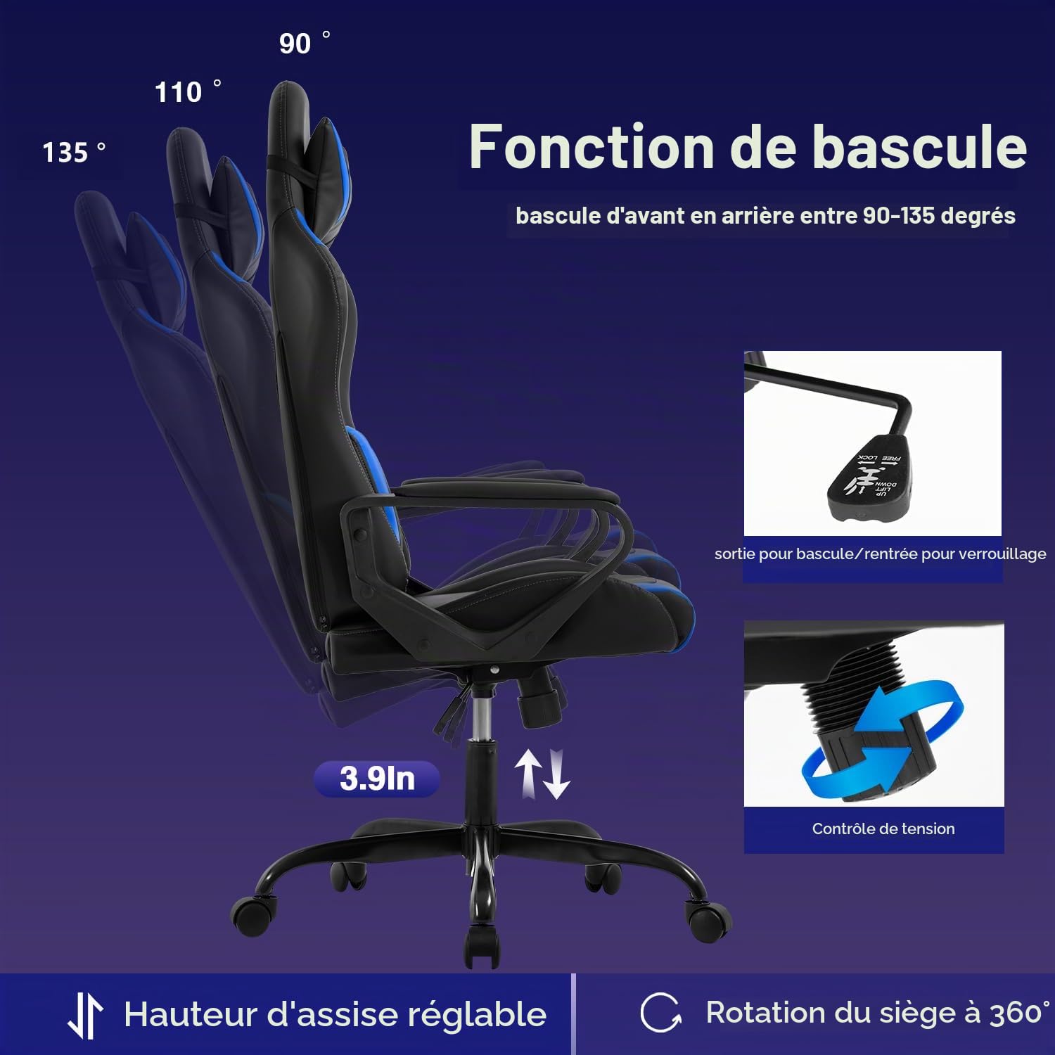 BestOffice Chaise Gaming,Ergonomique Fauteuil Gaming,Chaise Gamer avec Coussin Lombaire et Appui-tête, Siege Gaming Hauteur Réglable, Siège Gamer Bleu