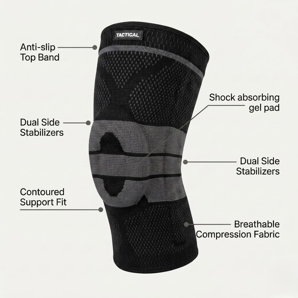 Tactical Fightwear Kniebandage mit Seitenstabilisatoren – Kniestütze mit Gel Padding, Kompression & Anti-Slip – Für Fitness, Laufen, MMA, BJJ und Kickboxen – Unisex – Größe L