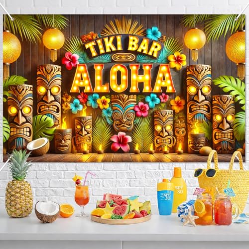 Image of BlissYard Luau Party Decorations 71 x 43 Inch Aloha Banner Summer Tiki Backdrop Hawaiian Luau Party Decorations Seasonal Wall Hanging Decor Hello Summer Tropical Banner with Tiki Totem for Beach Party Decor