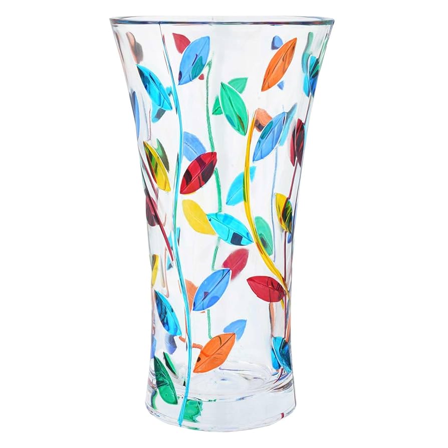 Glass Of Venice Murano Italian Handmade Crystal Bouquet Flower Vase - Multicolor Tree Leaves Branches Design - Made in Venice, Italy 10 Inch Tall