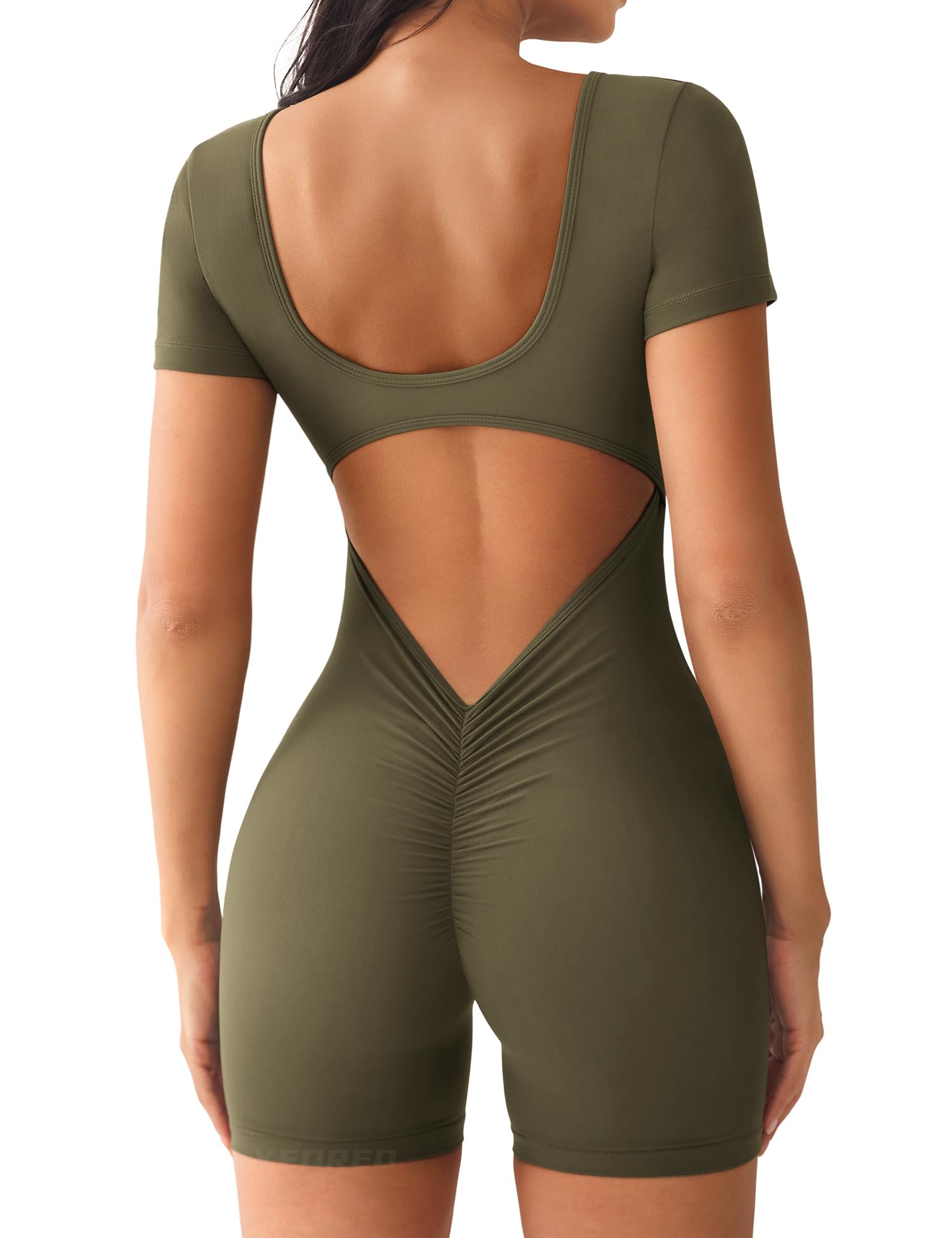 YEOREO Short Sleeve Jumpsuit for Women V Back Scrunch Butt Short Bodysuit Lizvette Open Back Workout Romper One Piece Bodycon