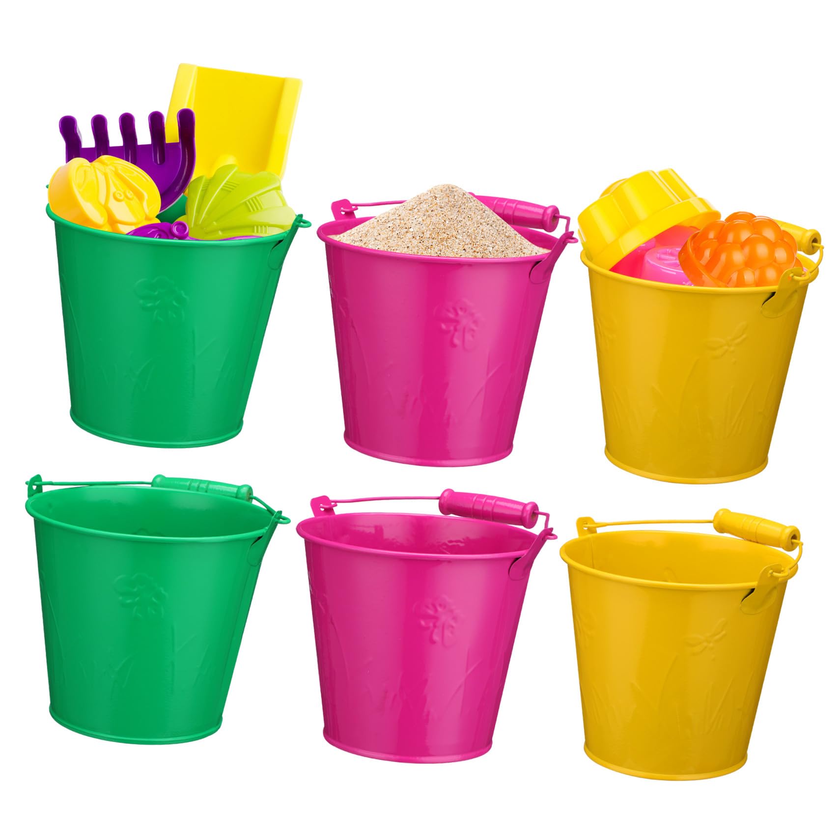 6 Pezzi Secchielli da Spiaggia in Ferro Manico in Legno Giocattoli per Piccoli per Giochi All’Aperto Set per Sabbia e Acqua Dimensioni 125X11X9 CM Colori Colore Casuale
