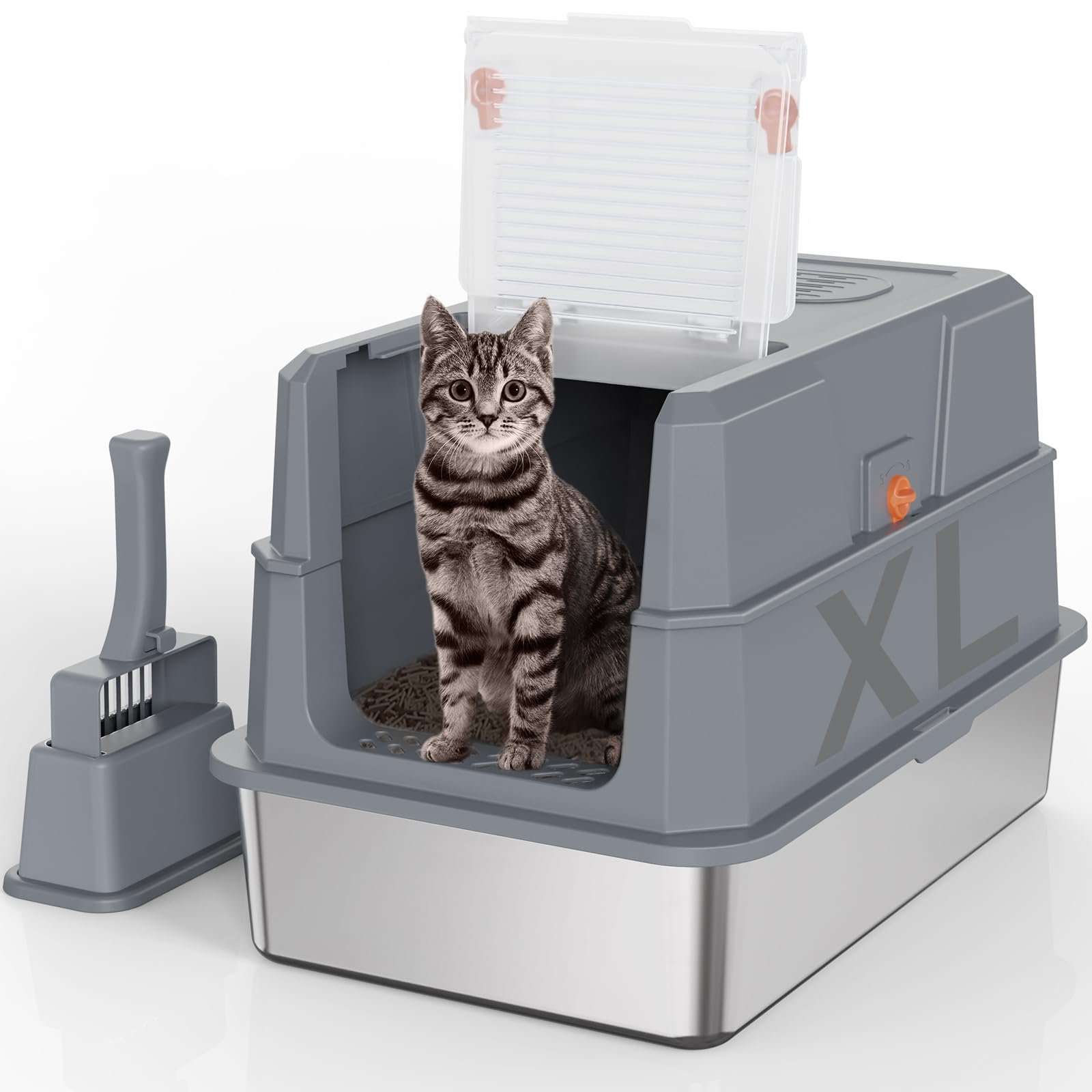 SZEE Stainless Steel Cat Litter Box with 180°Flip-Top Lid, Easy Clean XL Enclosed Litter Box, Large Covered Steel Cat Box with Scoop, Odor Control and Anti-Urine Leakage, 23.2*15*15 Inch, Dark Gray